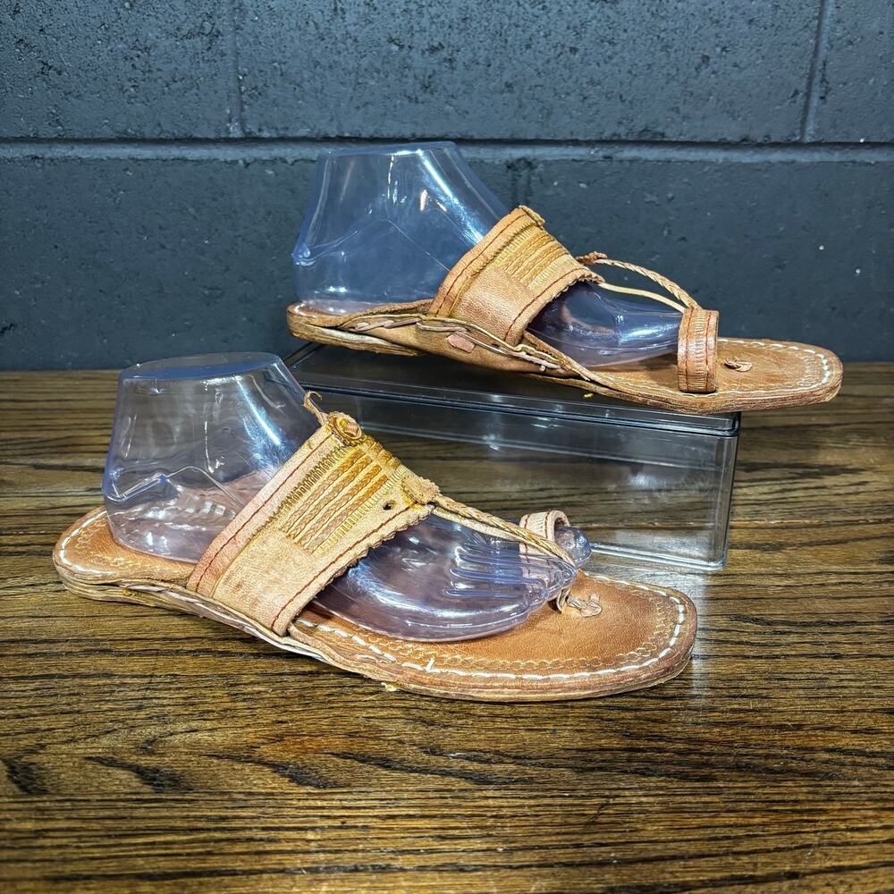 Handcrafted Leather Toe Ring Sandals Men’s Size 11 Brown Slip On Artisan Boho